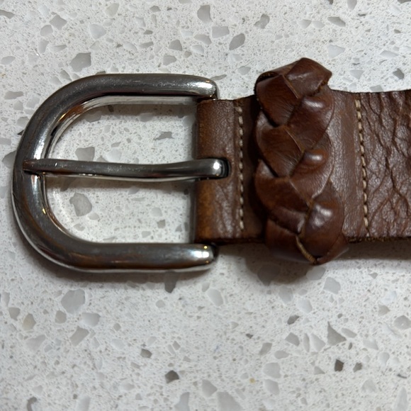 Leather Belt W Heavy buckle w woven detail thick brown distressed boho SZ L 45” - Picture 2 of 6